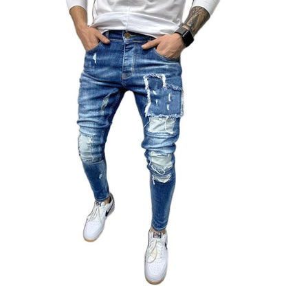 Men's Ripped Slim Fit Patch Jeans Fashion