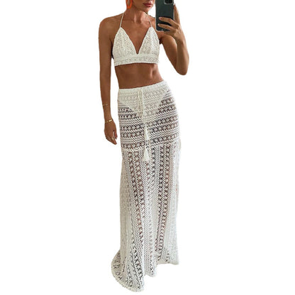 Solid Color Mesh Lace Two-piece Swimsuit Women's Three-piece Suit