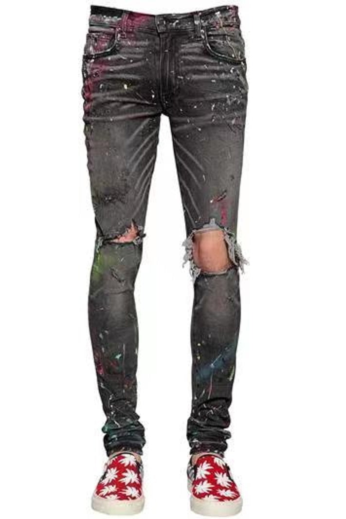 Vintage Distressed Paint Splashed Ink Stretch Gray Jeans For Men