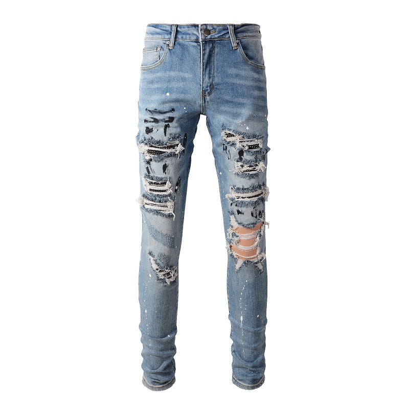 High Street Trendy Brand Worn Out Wash Paint Splashing Perforated Jeans