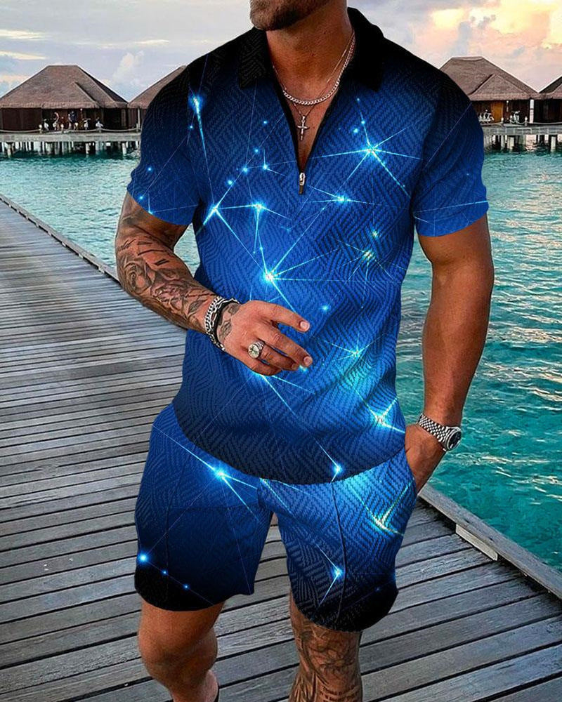 Fashion Zipper Polo Shirt Suit Men's Casual 3D Printed Shorts