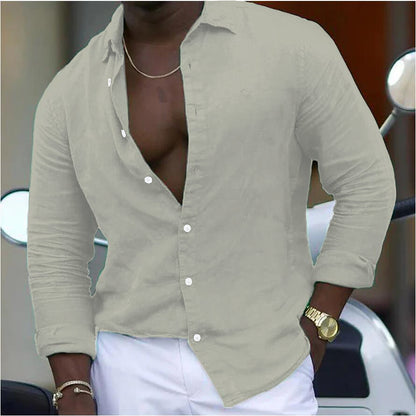 Cotton And Linen New Men's Long-sleeved Shirt Solid Color Casual Polo Collar Shirt