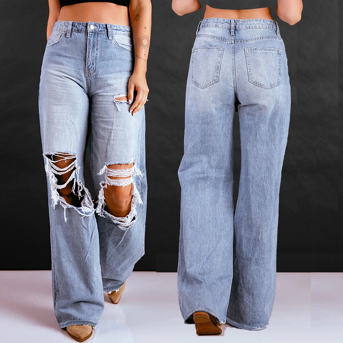 High Waist Wash Loose Straight Trousers