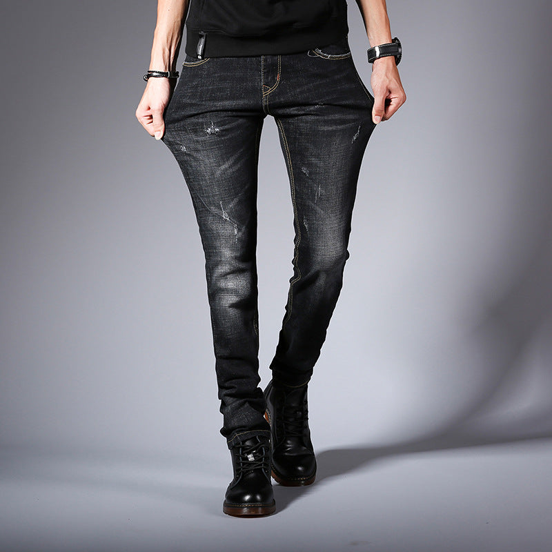 Fall New Jeans Men's Korean Edition Fashion Slim Bottom Pants Young Students Elastic Black Pants