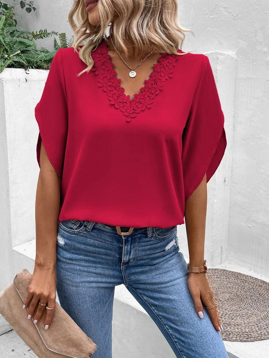 Lace V-neck Flared Sleeves Loose Shirt