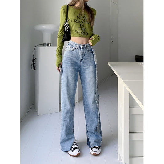 Women's High Waist Slim Side Washed Contrast Raw Denim Trousers