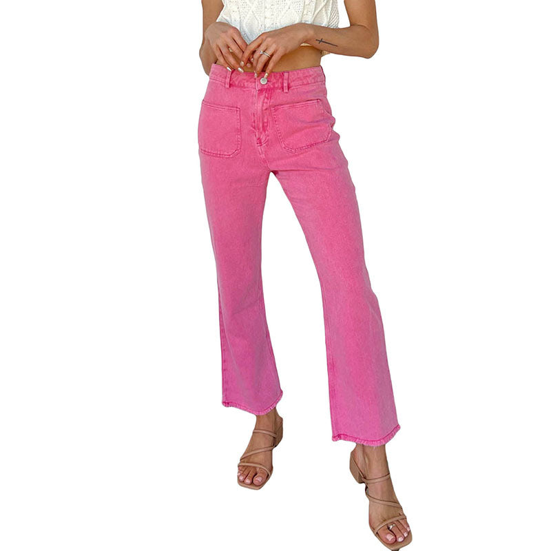 Frayed Hem Bell-bottom Trousers Casual High Waist Jeans