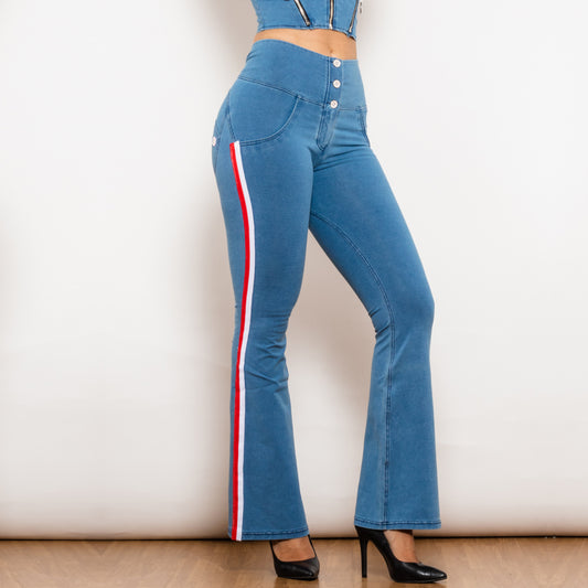 Shascullfites Melody Light Blue Striped Flared Lift Jeggings Button Up Butt Lift High Waist Flare Jeans Women Shaping Jeans