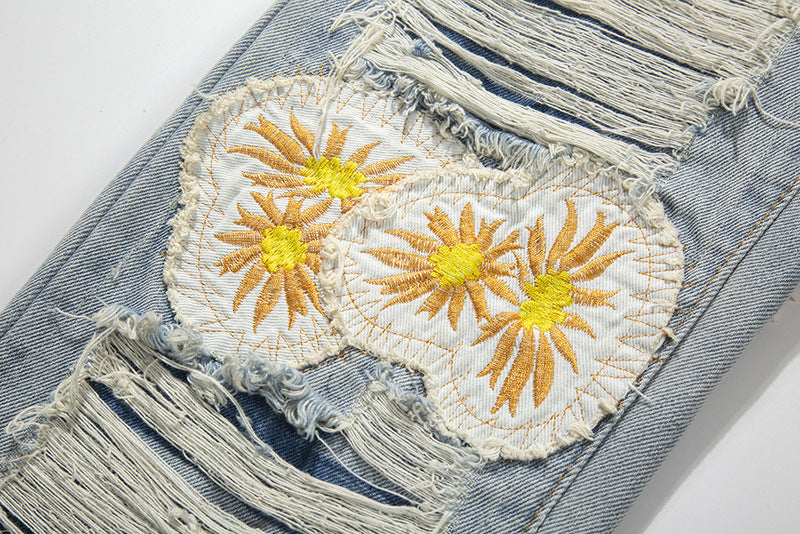 High Street Heavy Hole Daisy Patch Embroidered Jeans