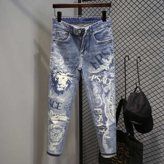 Lion Print Men's Jeans Summer New Slim Fit