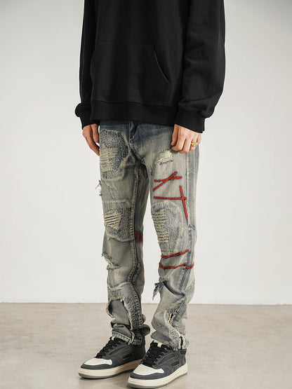 Patched Red Line Straight-leg Jeans