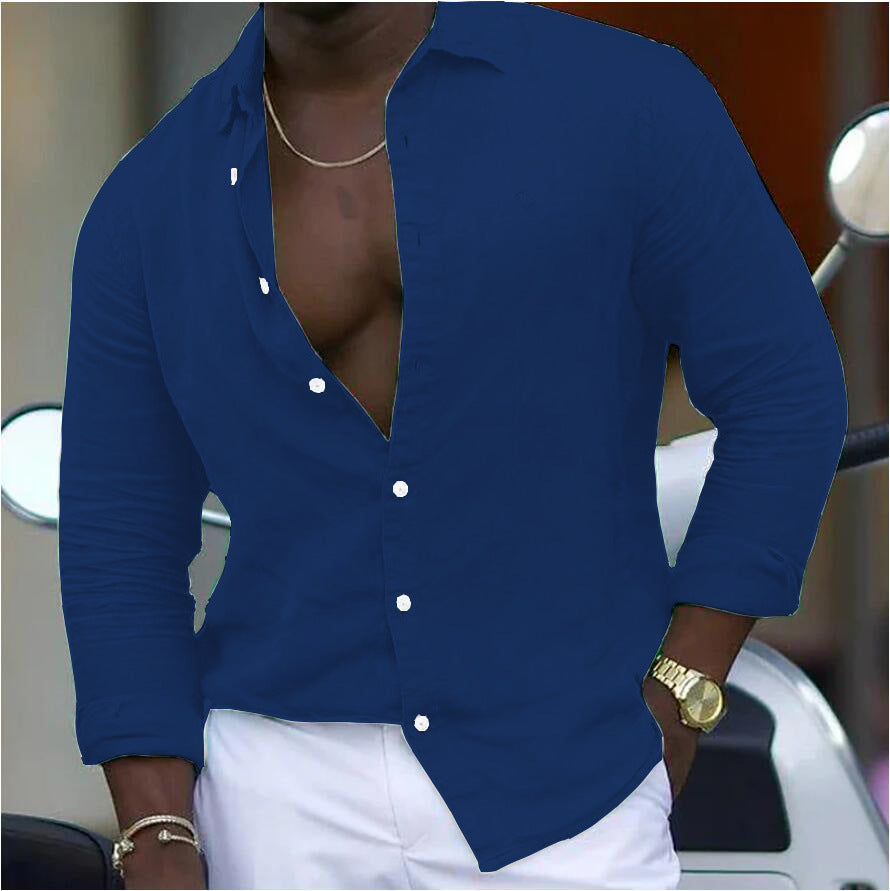 Cotton And Linen New Men's Long-sleeved Shirt Solid Color Casual Polo Collar Shirt