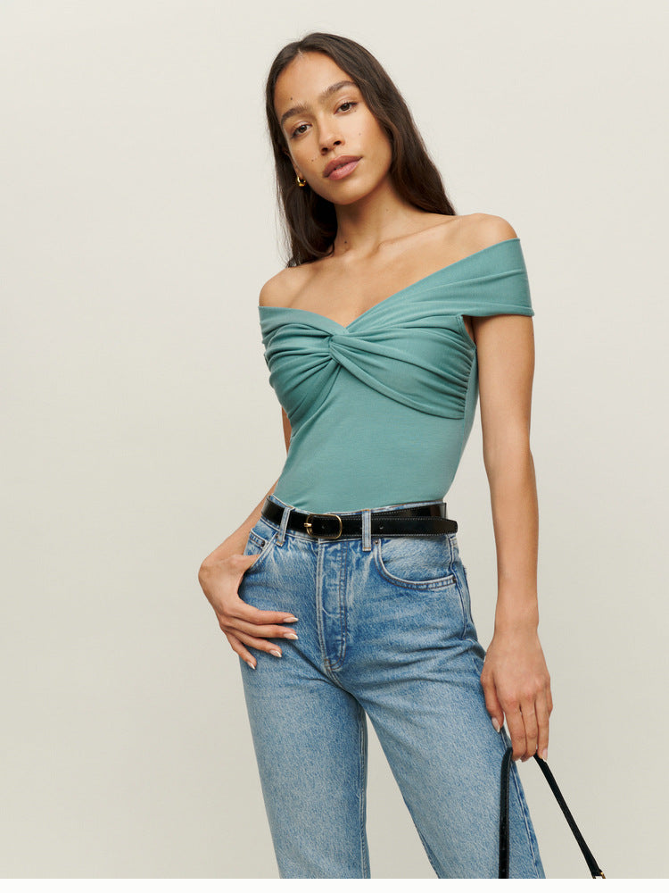 Summer Solid Color And V-neck Knitted Off-shoulder Slim-fit Crop-top