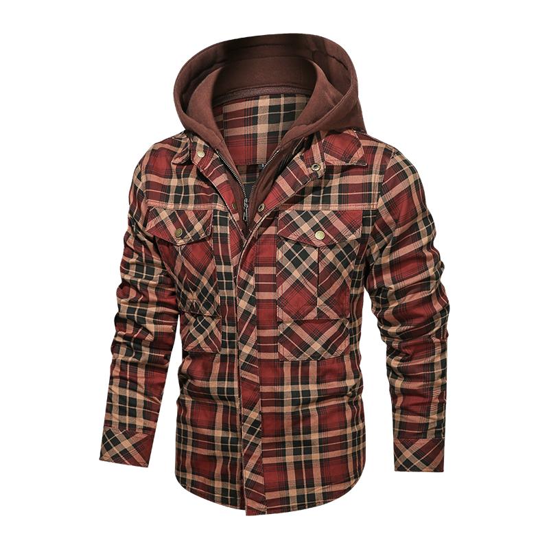 Men Long-sleeved Plaid Jacket Regular Fit Fleece Detachable Hoodies Jackets