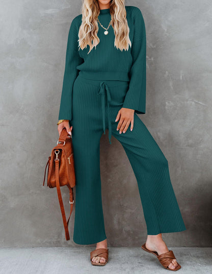 Fall Winter Fashion Round Neck Top Drawstring Loose Casual Trousers Two-piece Set