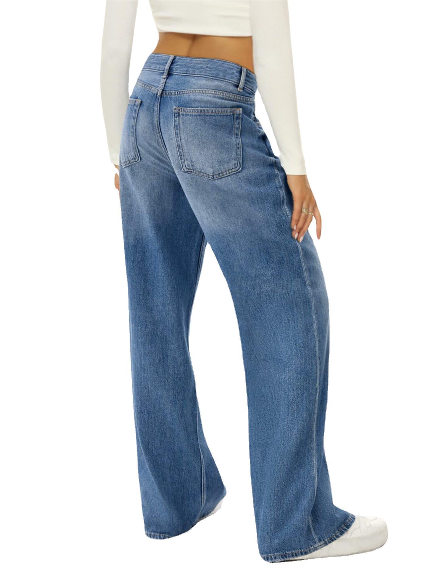 Women's Loose Wide-leg Jeans Pure Color Casual Versatile Denim Trousers