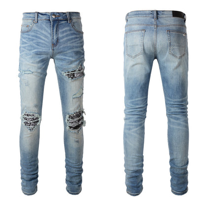 New Men's Slim Cut Cashew Flower Casual Versatile Jeans