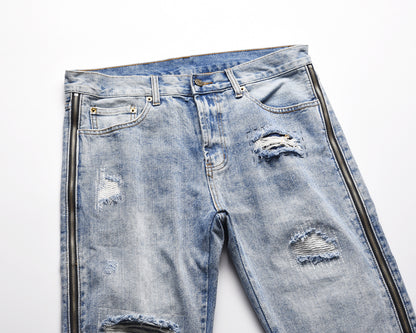 Men's and Women's Side Zipper Jeans with Holes