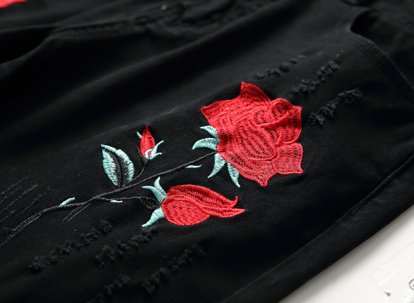 Black Feet Pants Rose Embroidered Shredded Jeans