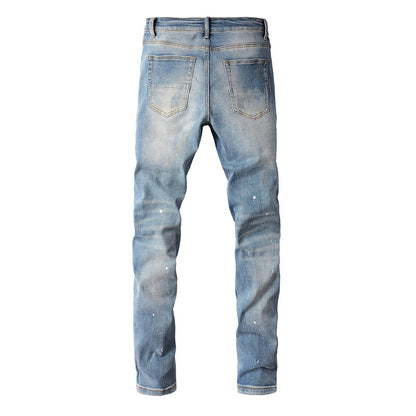 High Street Trendy Brand Worn Out Wash Paint Splashing Perforated Jeans