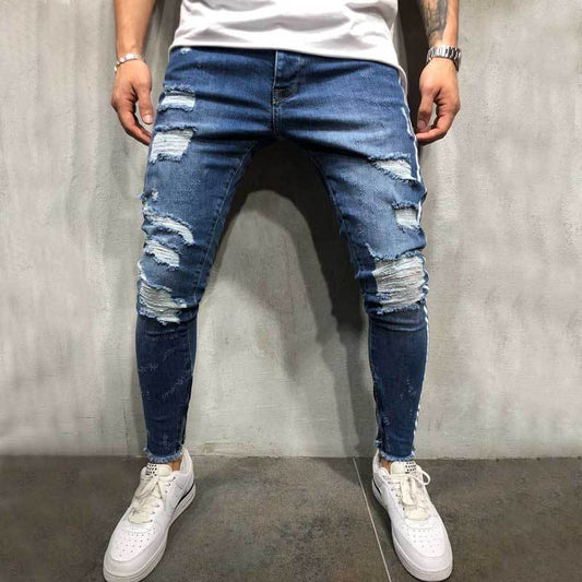 Street men's knee hole jeans elastic Leggings trend pants