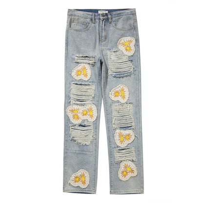 High Street Heavy Hole Daisy Patch Embroidered Jeans