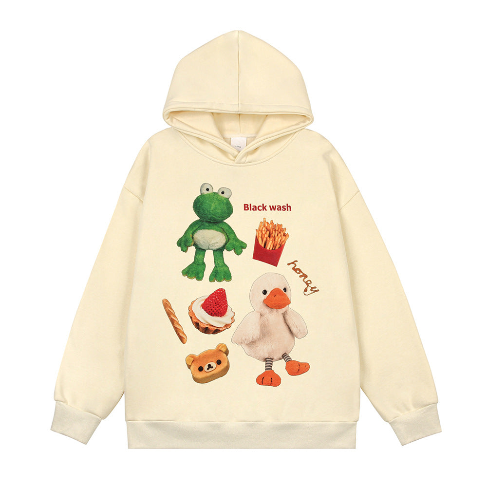 Funny Cartoon Cute Print Hooded Hip Hop Pullover Trend Loose Casual Fleece Pullover