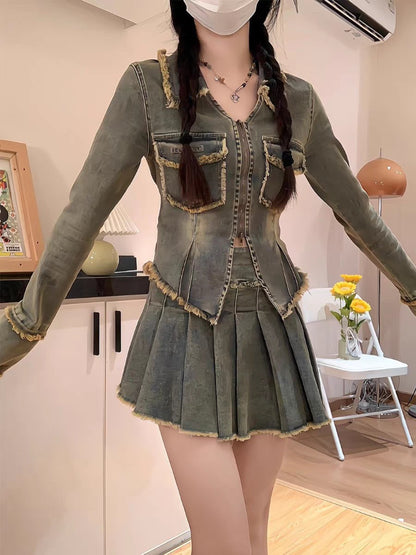 Hot Girl Washed Frayed Hem Denim Short Coat Two-piece Suit