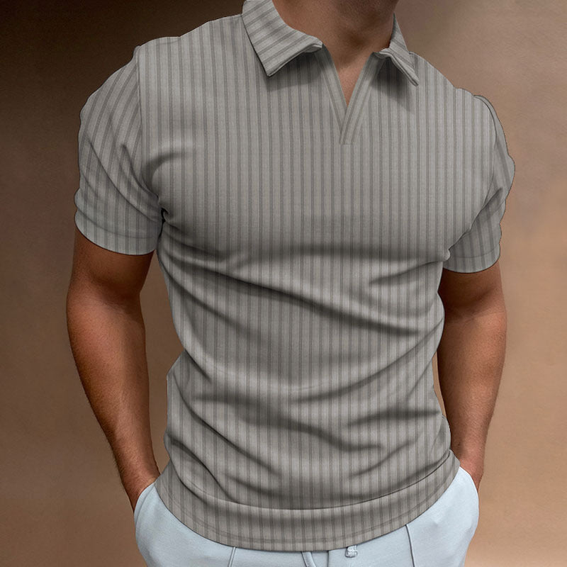 New Polo Shirt Lapel V-line Striped Short-sleeved Men's T-shirt