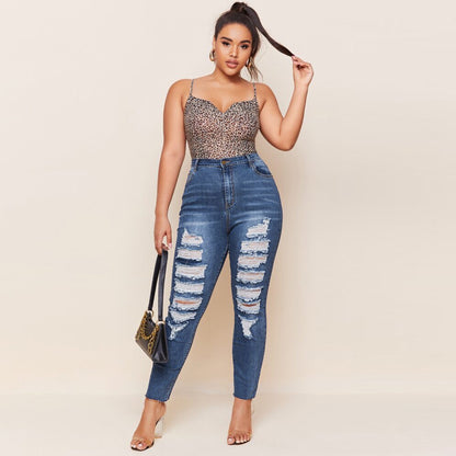 Washed Ripped Fat MM Slim Plus Size Pencil Pants