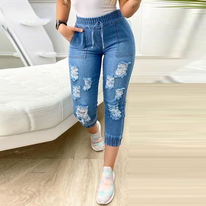 European And American Women's New Blue Ripped Jeans