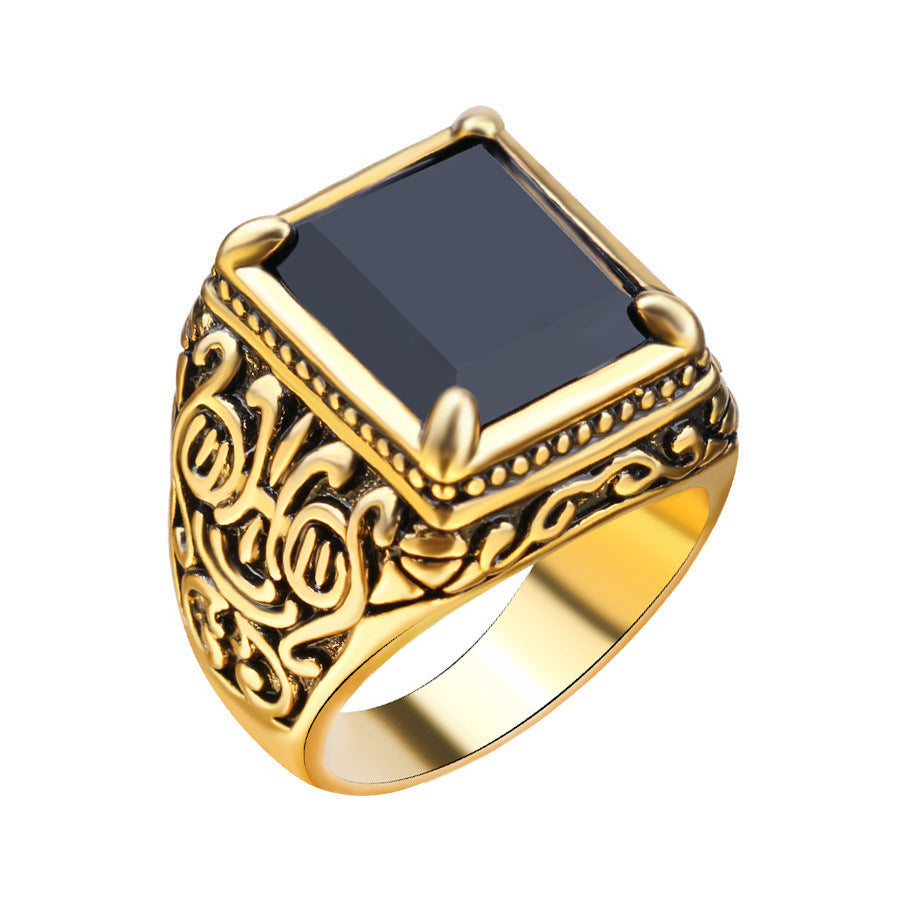 Nepalese Tibetan Black Stone Male Ring Gilded Retro Ethnic Jewelry