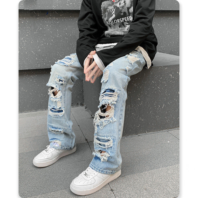 Men's Straight Irregular Trendy Ripped Jeans