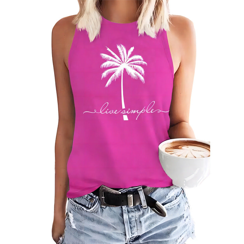 Coconut Tree Printed Crew Neck Casual Sleeveless T-shirt Women's Vest