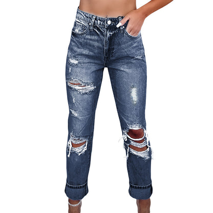 Retro Tattered Straight High Waist Skinny Jeans