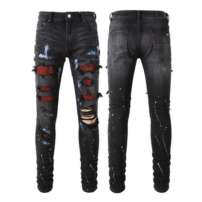 New Style Stretch Vintage Black Ripped Patch Jeans Male