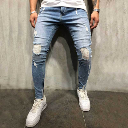 Street men's knee hole jeans elastic Leggings trend pants