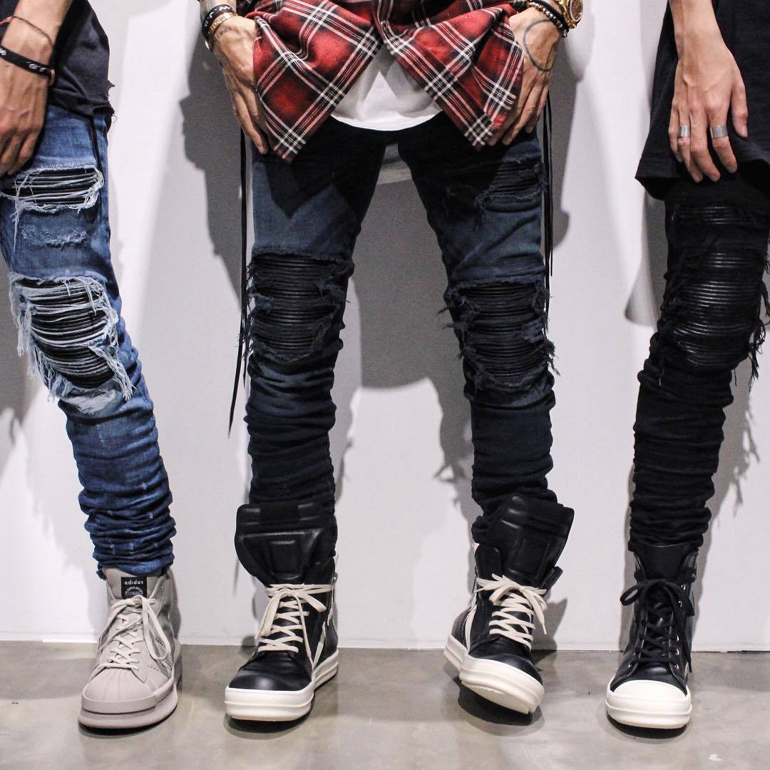 Shredded jeans, slim feet, jeans, motorcycle, men's trousers