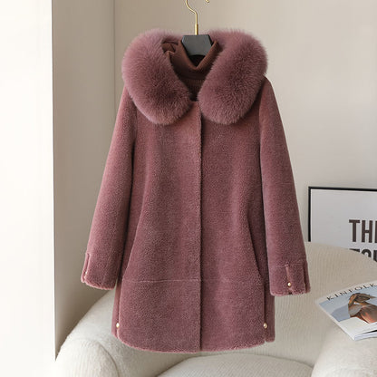 Women's Fox Fur Collar Hooded Sheep Shearling Coat