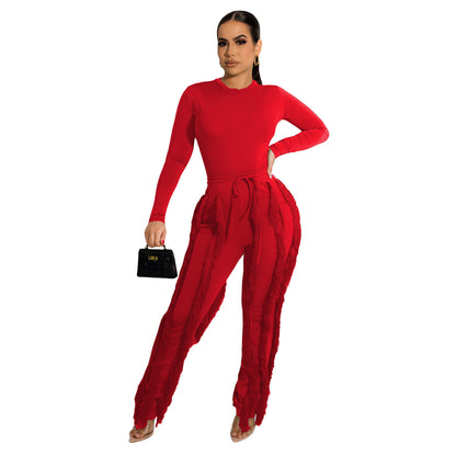 Women's Tassel Lace Jumpsuit Solid Color Sports Two-piece Suit