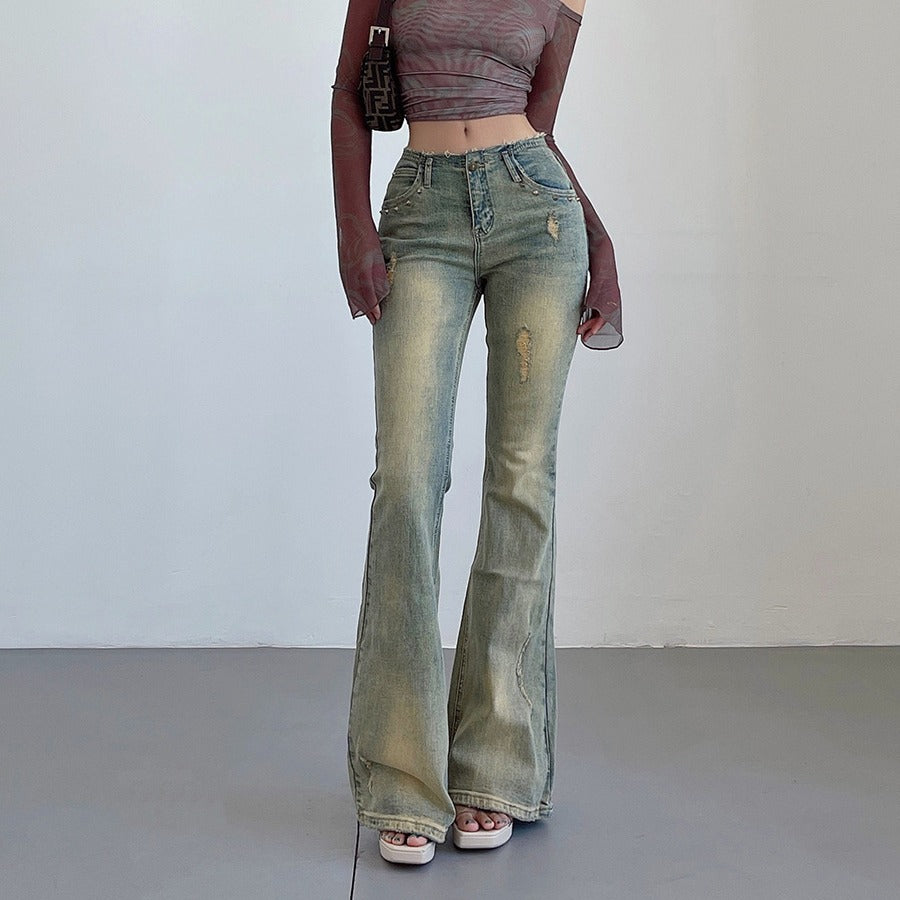 Women's American-style Rivet Wear High Waist Flared Jeans