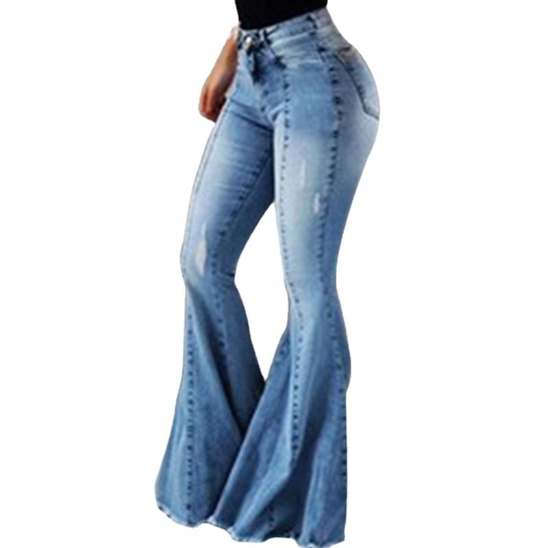 Elastic High Waist Ripped Denim Bell-bottom Pants Women