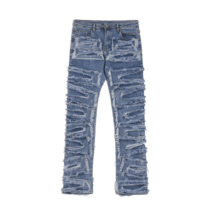 Destruction Ripped Patch Whisker Blue Jeans