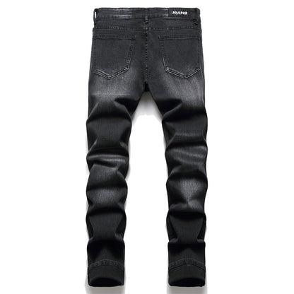 Men Biker Jeans Paisley Print Patch Casual Pants