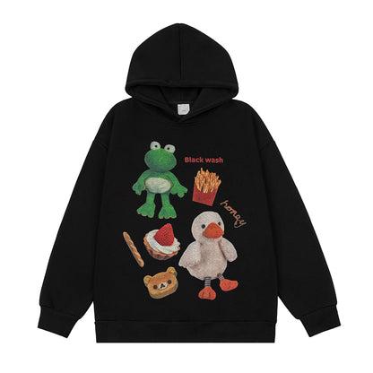 Funny Cartoon Cute Print Hooded Hip Hop Pullover Trend Loose Casual Fleece Pullover