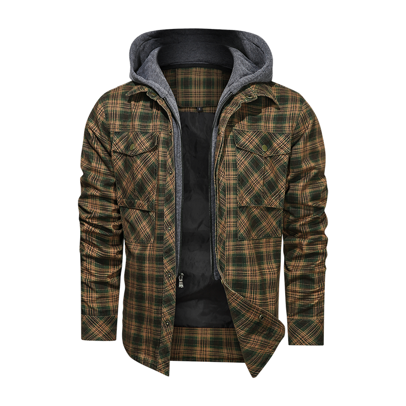 Men Long-sleeved Plaid Jacket Regular Fit Fleece Detachable Hoodies Jackets