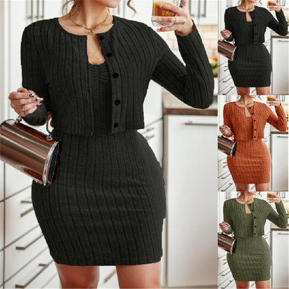 Slim-fit Sling Dress Solid Color Cardigan Two-piece Set