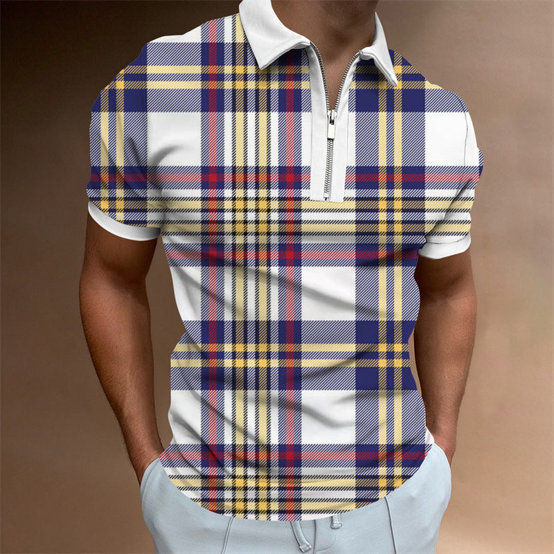 Men's POLO Lapel Striped Plaid Short Sleeve T-Shirt