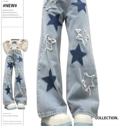 Retro Versatile Raw Edge Star Jeans For Women