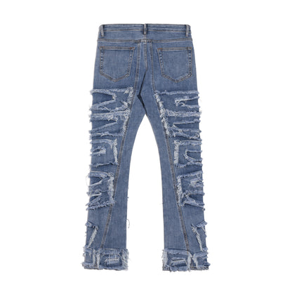 Destruction Ripped Patch Whisker Blue Jeans